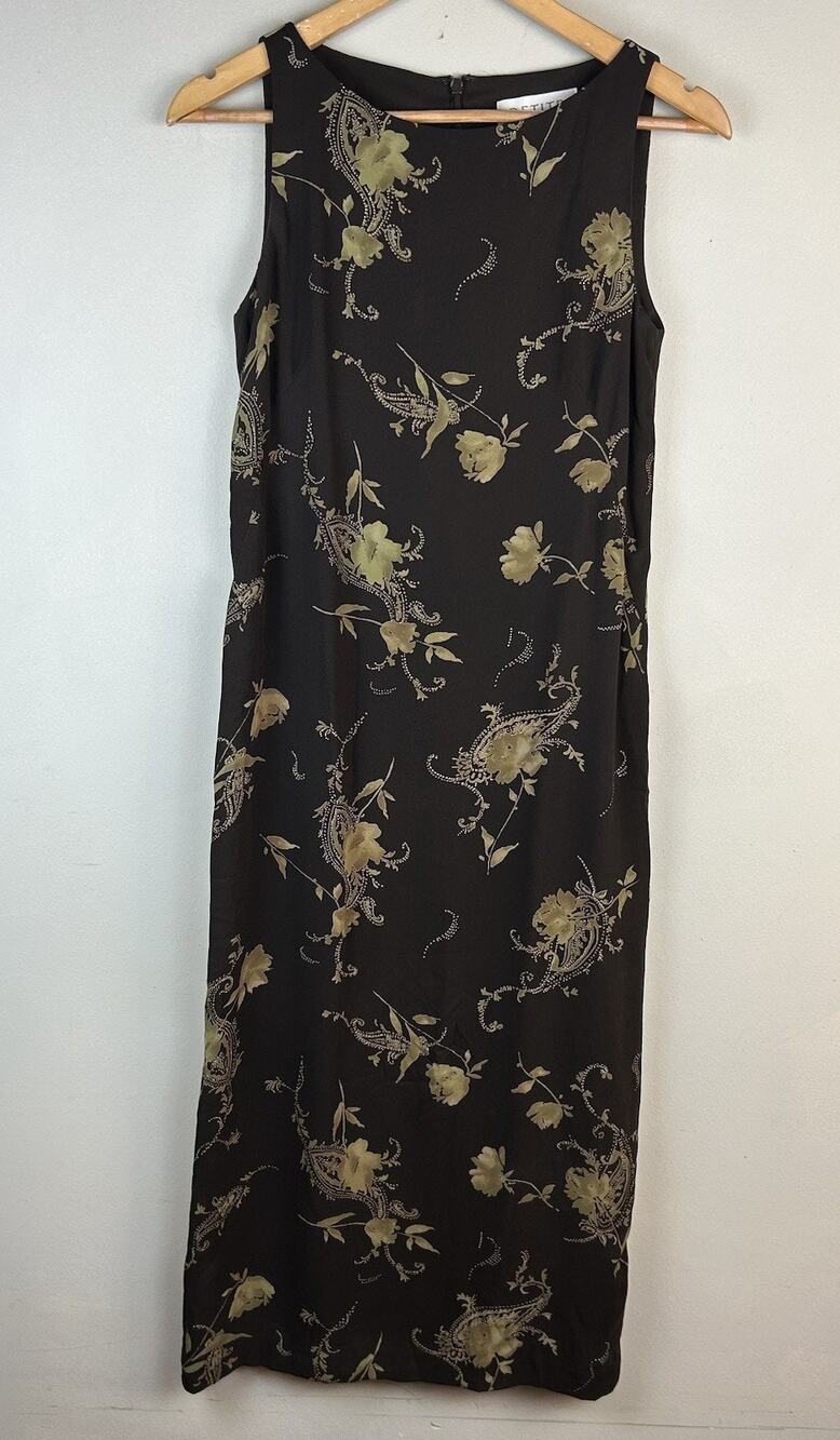 VTG Y2k 90s Silk Floral Maxi Dress Brown Sz 0 Neutral Old Money Paisley Floral